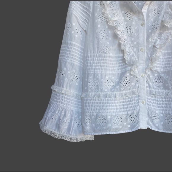 SEZANE White Floral Eyelet Embroidered Pleated Lace Ruffle Bell Sleeve Nele Top - Picture 9 of 17